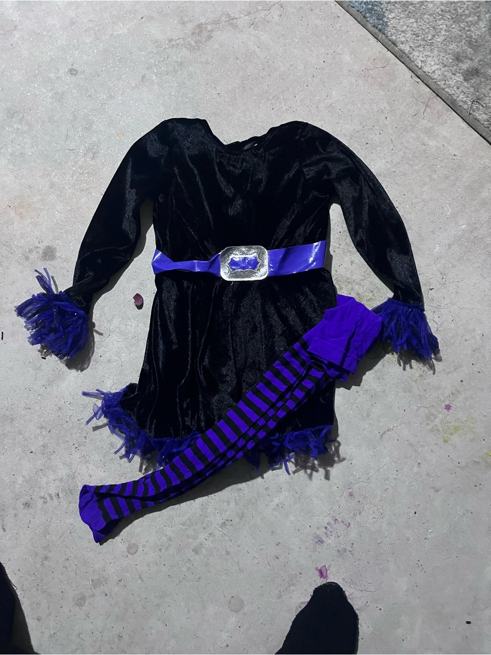 Spirit Black and Purple Girls Witch Costume with Striped Tights